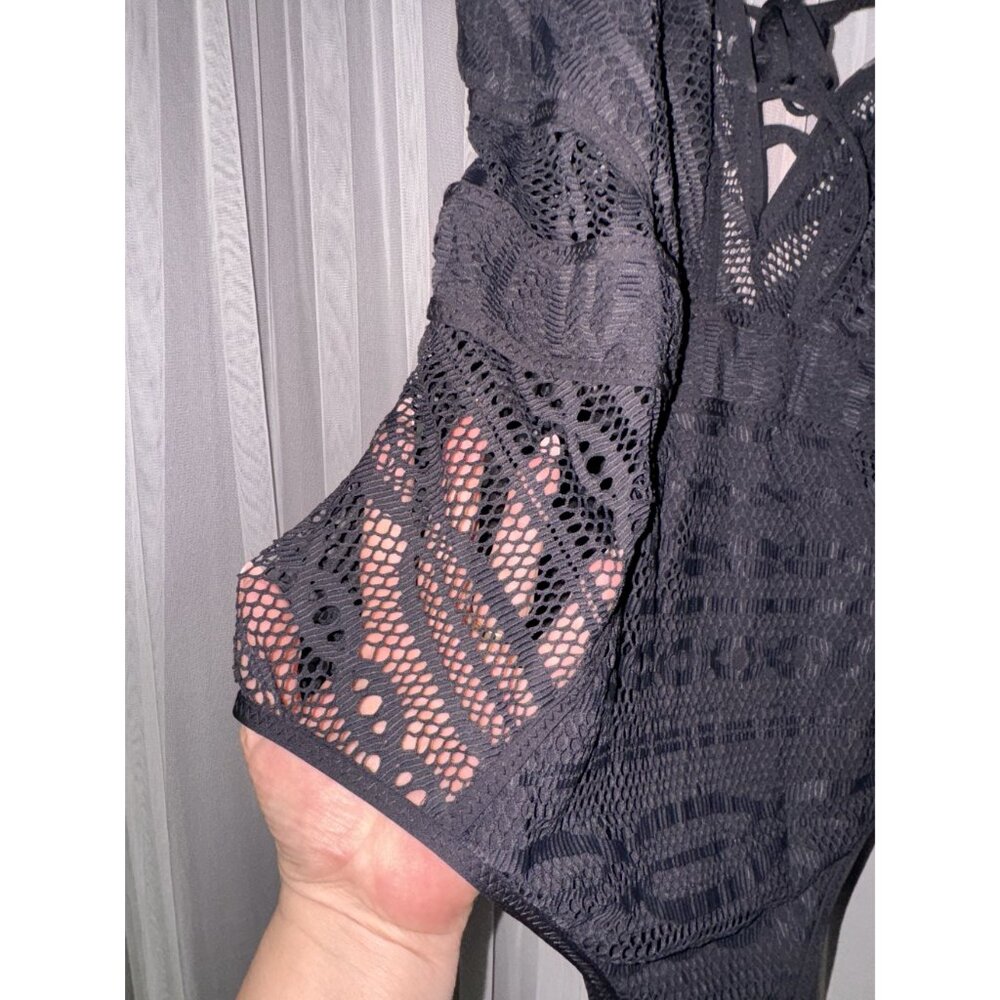 Black Mesh Lace-Up One-Piece Swimsuit With Removable Cups XXL - Picture 7 of 15